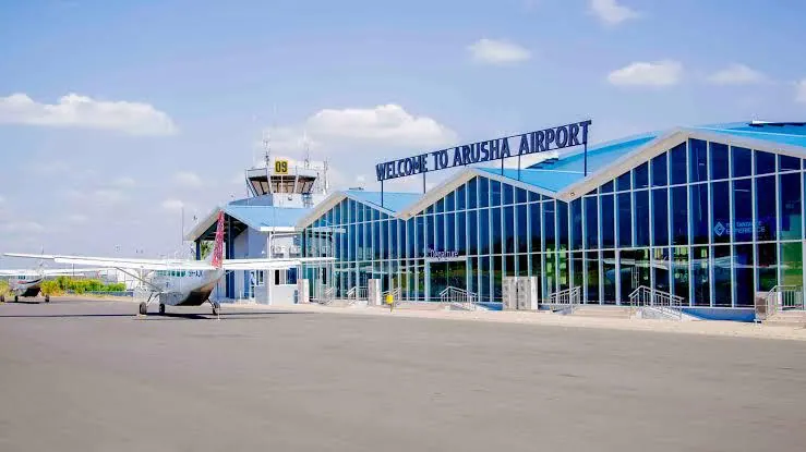 The terminal building at Arusha Airport with its Welcome to Arusha Airport sign