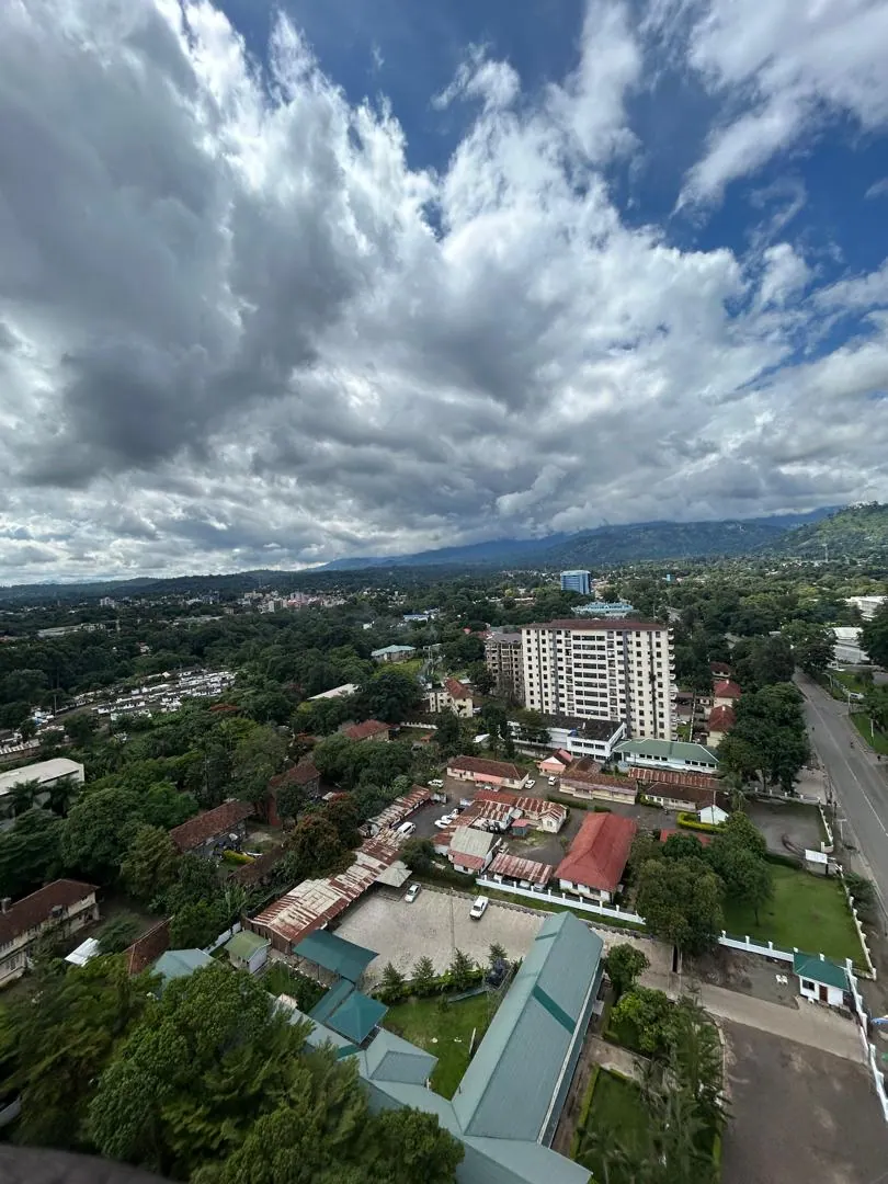 Arusha rooftops and streets under a wide, cloud-filled sky