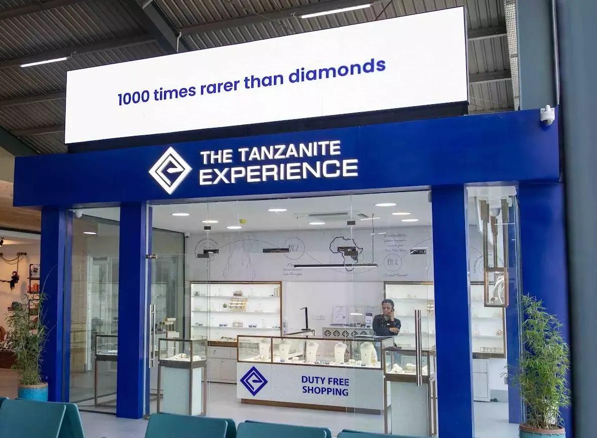 The Tanzanite Experience shopfront with its blue signage and display counters